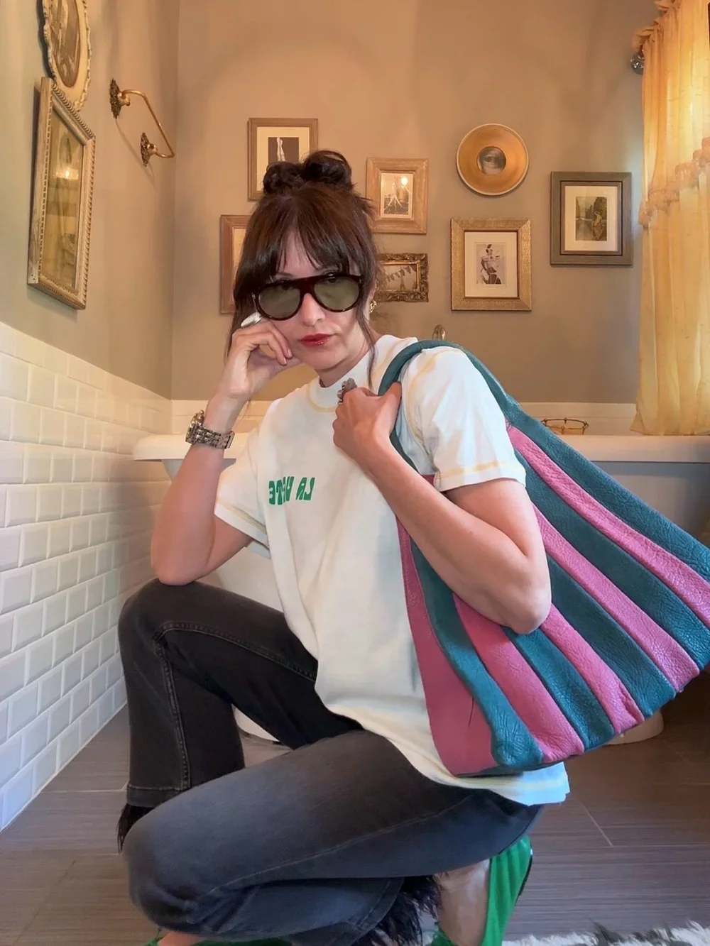 Pink & Teal Striped Hobo Bag